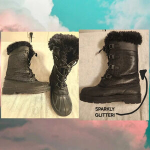 Cat & Jack Constance Faux Leather Fur Glitter Winter Boots Black Youth G…